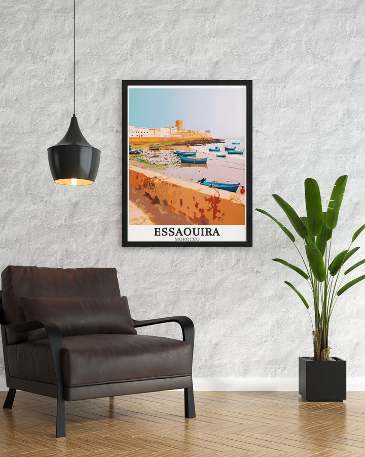 Experience the vibrant culture and coastal beauty of Essaouira with this travel print of the Atlantic Ocean. With its serene waves and historic landmarks, this print offers a stunning visual representation of Moroccan travel, making it an ideal piece for adventurers and art lovers alike.