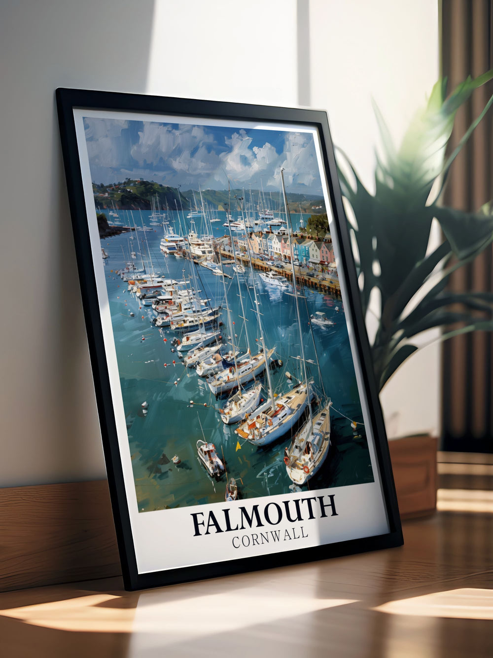 Beautiful Falmouth Harbour print showcasing the stunning scenery of Cornwall. This artwork highlights the historic landmarks and serene beauty of the harbour, making it an ideal addition to any collection of travel prints or wall art.
