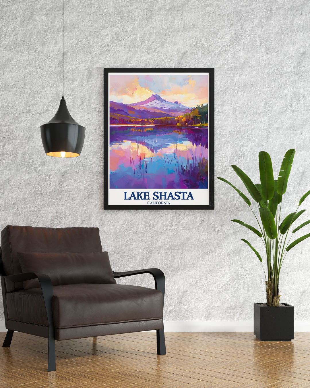 Shasta Cascade travel poster featuring the breathtaking landscapes of northern California, including the iconic Shasta Lake and Castle Lake. A must have for adventurers and fans of the California outdoors.