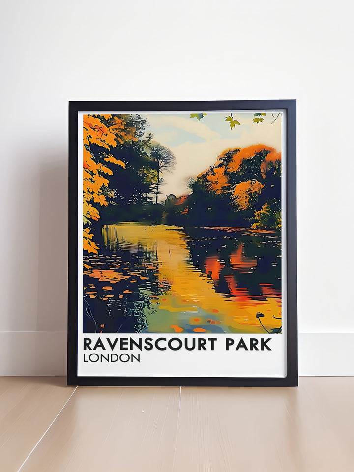 Beautiful Ravenscourt Park Lake Poster highlighting the tranquil waters and scenic surroundings. Ideal for art lovers and travel enthusiasts, this vintage print brings a touch of London's natural beauty into your home