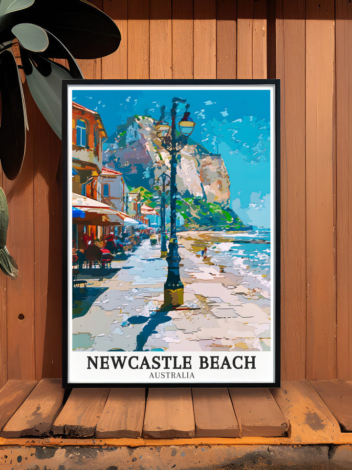 Newcastle Beach Travel Poster features the inviting shores of one of Australias most beloved beaches. The artwork captures the calmness of the sea and the warmth of the sands, making it an excellent addition to any space. This poster adds a touch of coastal serenity to your home, perfect for those who cherish the ocean.