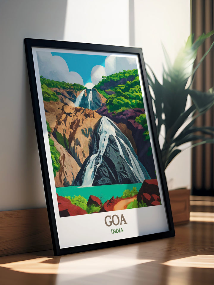 India travel poster featuring Dudhsagar Falls, a natural wonder nestled in the lush forests of Goa. This artwork beautifully depicts the waterfalls powerful cascade, making it an ideal piece for those looking to celebrate Indias natural beauty in their home decor.