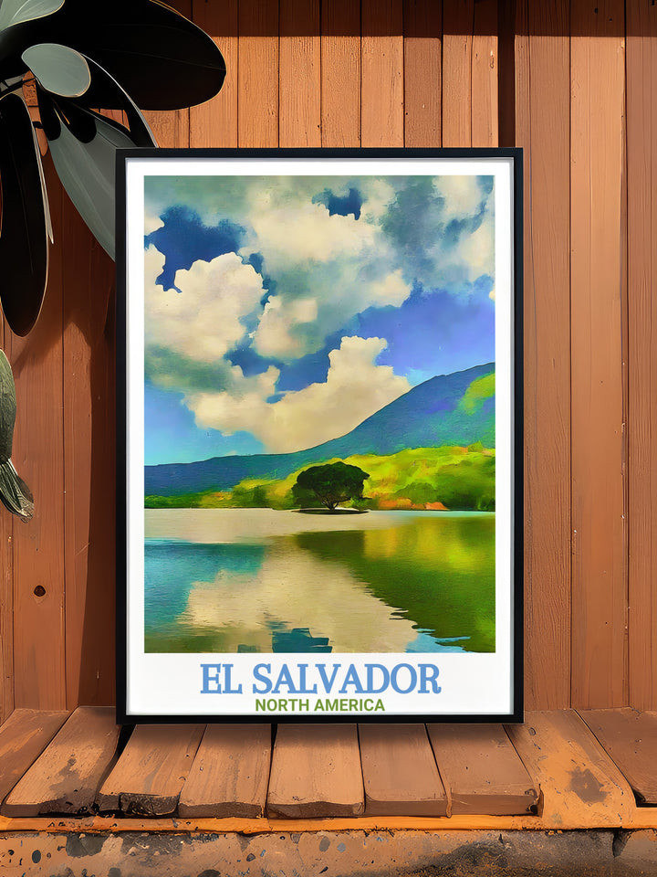 Lake Coatepeque home decor featuring a vintage print style highlighting the lakes stunning scenery perfect for those who love El Salvadors natural beauty and cultural heritage a travel poster that adds charm and elegance to any room