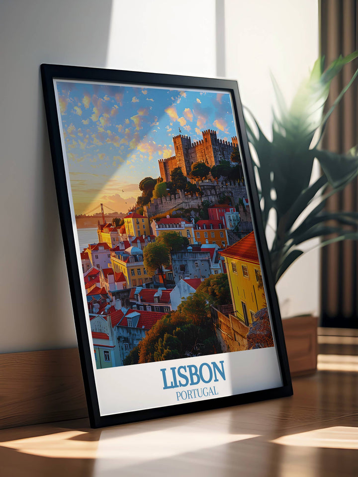 Enhance your living space with our travel poster featuring Sao Jorge Castle in Lisbon. This beautiful artwork showcases the detailed craftsmanship and historical significance of this remarkable structure.