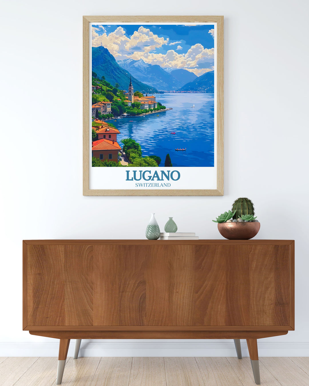 This art print features the picturesque Lake Lugano, capturing its serene waters and surrounding majestic mountains. Ideal for those who love peaceful settings and natural beauty.