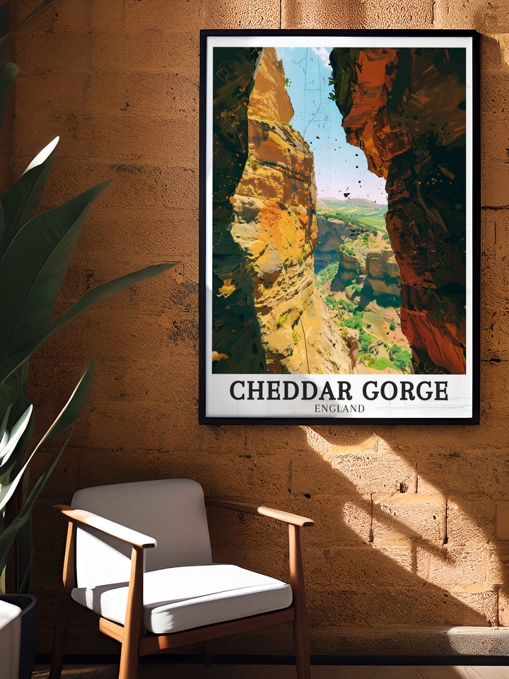 A framed art piece of Cheddar Gorge, the Mendip Hills, and the Cheddar show caves, offering a stunning visual representation of one of Englands most famous geological sites, ideal for enhancing your home with a touch of British history.