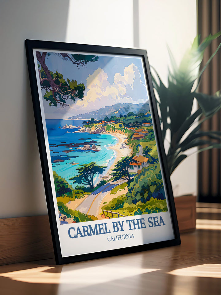 Highlighting the dynamic splendor of the Pacific Ocean, this travel poster captures the vast expanse and dramatic cliffs of Californias coastline. Perfect for those who appreciate the power and beauty of the ocean, this print adds a touch of majesty to any room.