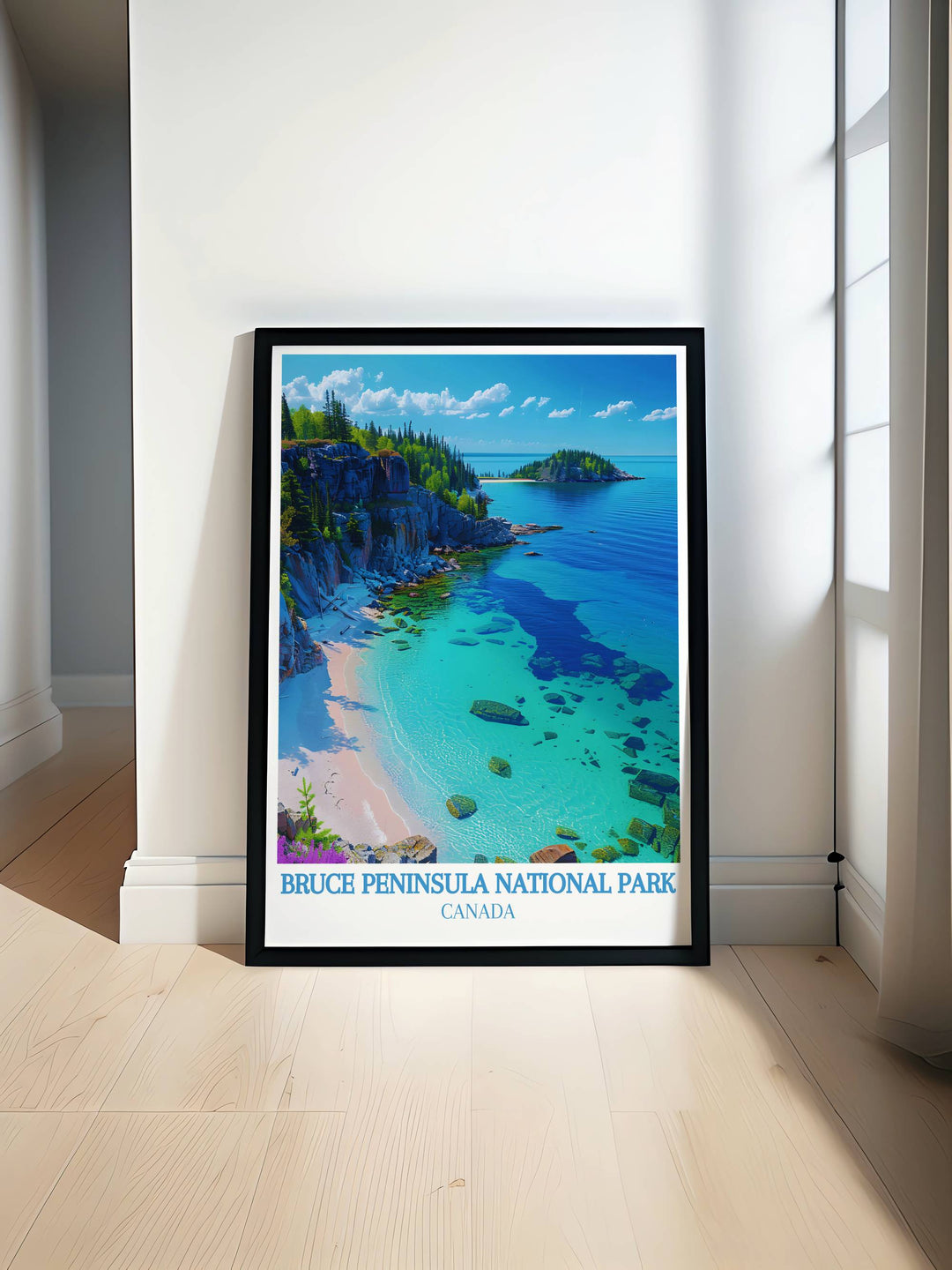 The Flowerpot Island Travel Print showcases the natural beauty of Bruce Peninsula National Park featuring the iconic flowerpot shaped rock formations and clear blue waters perfect for nature lovers and travel enthusiasts looking to bring the outdoors inside