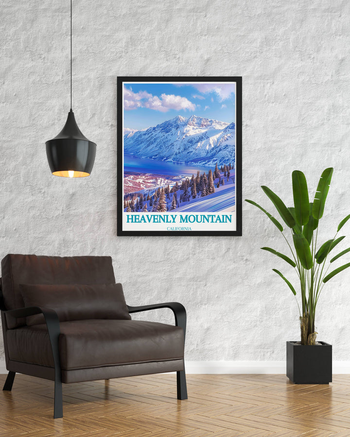 Heavenly Ski Resort winter landscape showing skiers on snowy trails with majestic mountains in the background. The artwork brings the energy of skiing and the serene beauty of the snow covered environment into your decor. Perfect for adding a touch of winter sports excitement and alpine scenery to any room.