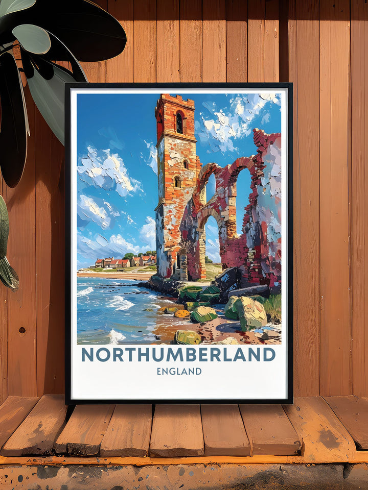 Retro travel poster featuring Seahouses and the serene Holy Island. This detailed artwork is ideal for those who love vintage travel prints and want to bring a piece of Northumberlands natural charm into their home.