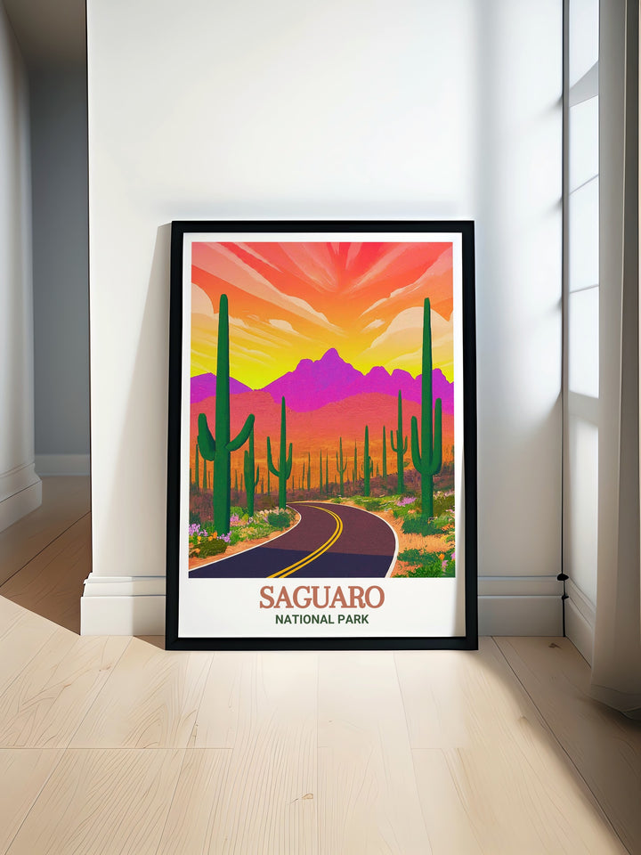 Explore the majestic beauty of Saguaro National Park with this stunning Arizona wall art, showcasing the iconic saguaro cacti and the breathtaking desert landscape, perfect for adding a touch of the American Southwest to your home decor.