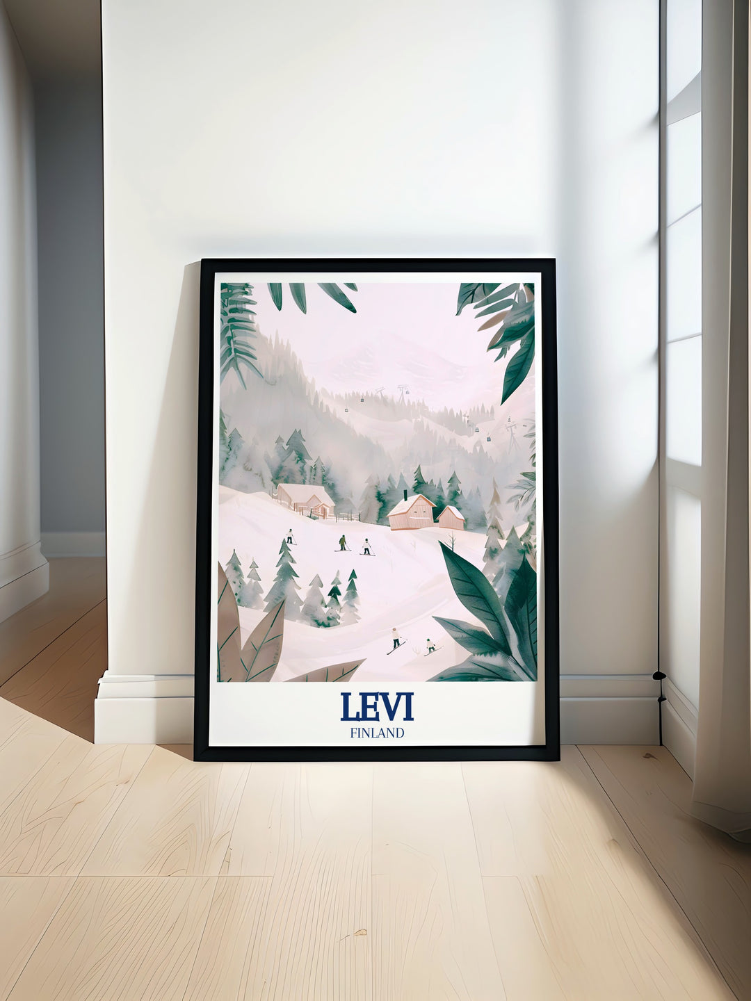 Vintage Levi Travel Poster combining retro skiing charm with modern design elements. This artwork celebrates Levis rich history as a ski resort, offering a nostalgic yet fresh addition to your vintage decor collection.