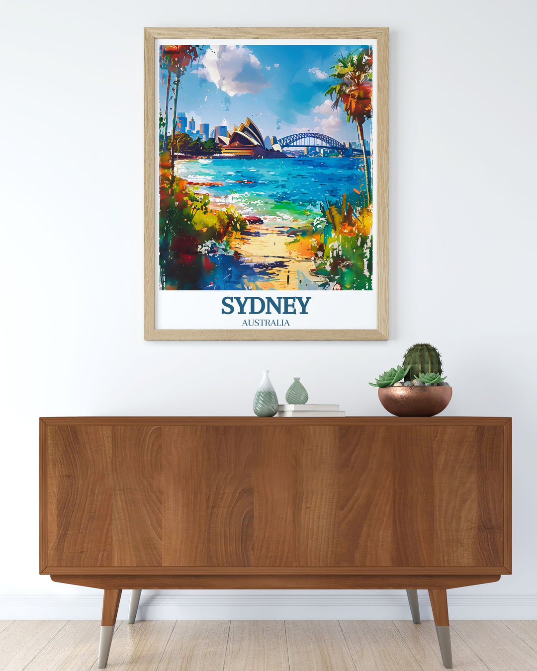 Artistic depiction of the Sydney Opera House and Sydney Harbour Bridge in a captivating vintage style perfect for transforming your home decor with a splash of Australian beauty and a reminder of the iconic landmarks of Sydney