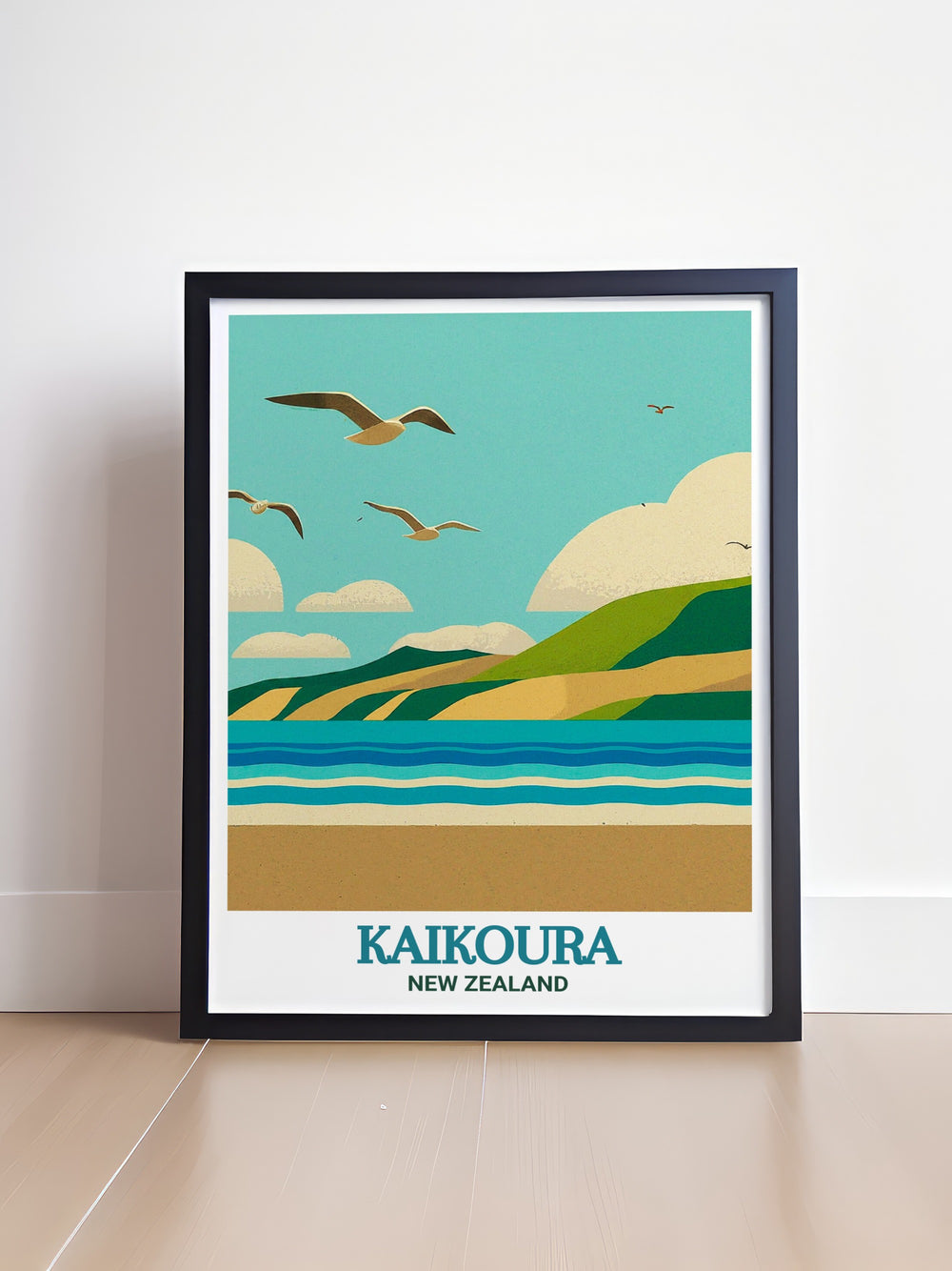 This travel poster highlights the breathtaking view of Kaikoura Beach in New Zealand, capturing the stunning contrast between the rugged mountains and the deep blue ocean. The artwork offers a serene depiction of the natural beauty that makes Kaikoura a unique and beloved destination.