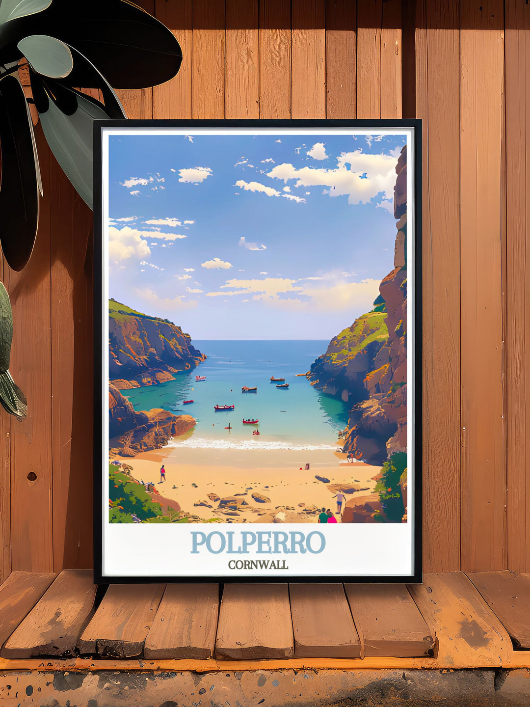 Polperro Beach vintage travel print depicting the charming narrow streets and vibrant culture of Polperro Cornwall perfect for travel enthusiasts