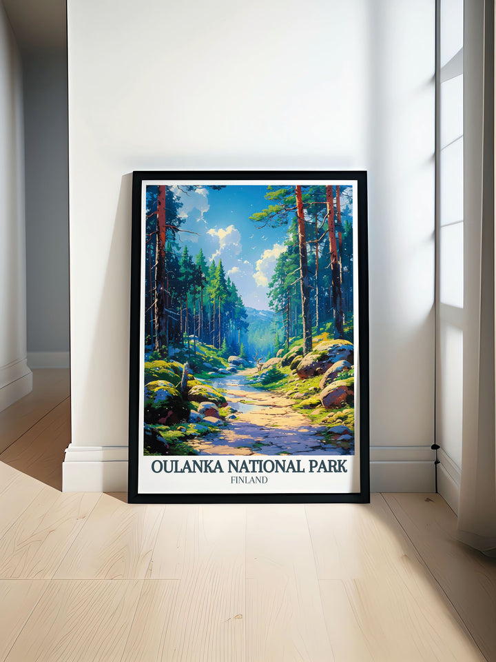 Stunning travel poster art of Oulanka river Kiutakongas Rapids showcasing the natural beauty of Finland. Perfect national park print for home decor and gifts. Ideal for hiking enthusiasts and lovers of Scandinavian art and nature wall art.