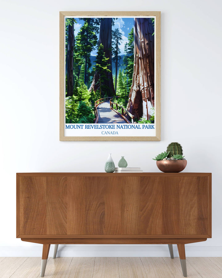 Bring the outdoors inside with a Giant Cedars Boardwalk Trail print. This artwork highlights the breathtaking views of the Rocky Mountains, including Mount Revelstoke and Banff National Park, in a stylish retro travel poster format.