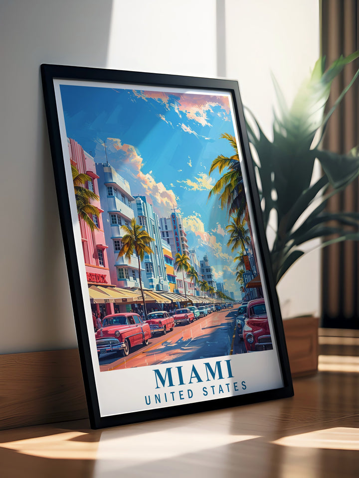 The Art Deco District Travel Print features Miamis famous retro architecture, bringing the bold patterns and unique designs of the 1920s into a contemporary art style. Ideal for travelers and art lovers, this canvas art piece adds a tropical Miami vibe to any wall.