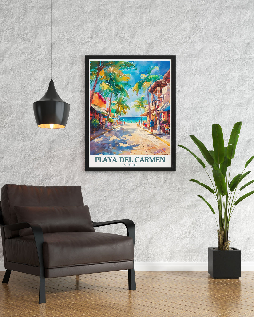 Beautifully crafted Mexico artwork featuring La Quinta Avenida and the Caribbean Sea ideal for enhancing any room with the vibrant colors and lively atmosphere of Playa Del Carmen perfect for art lovers and travelers.