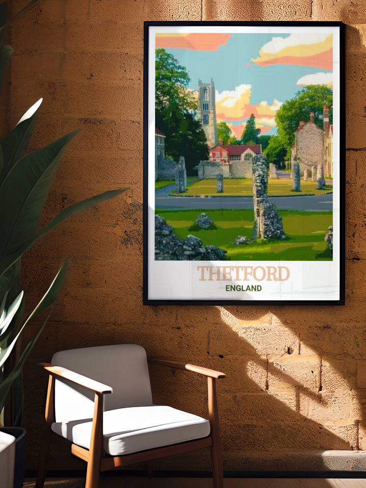 Enhance your home with this custom print of Thetford Priory, depicting the serene beauty of the priory ruins. This artwork is ideal for those who appreciate the rich history of England and want to bring a piece of it into their living space.