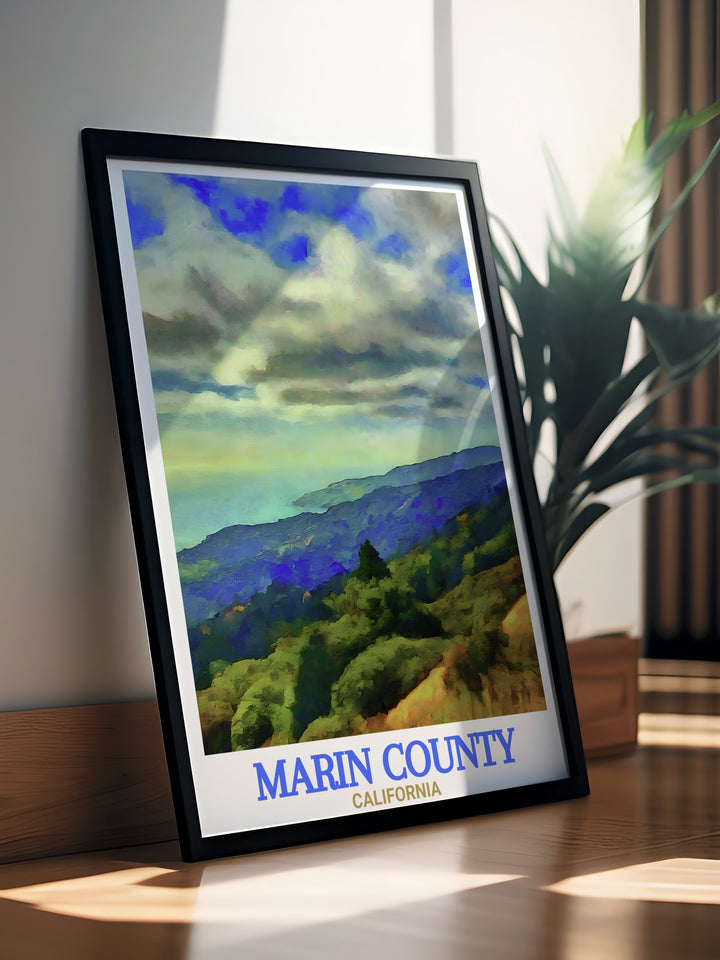 Celebrate the peaceful atmosphere of Muir Woods and the dynamic landscapes of Marin County with this colorful travel print. Ideal for art lovers and outdoor enthusiasts alike, it brings a sense of Californias natural wonder to any room.