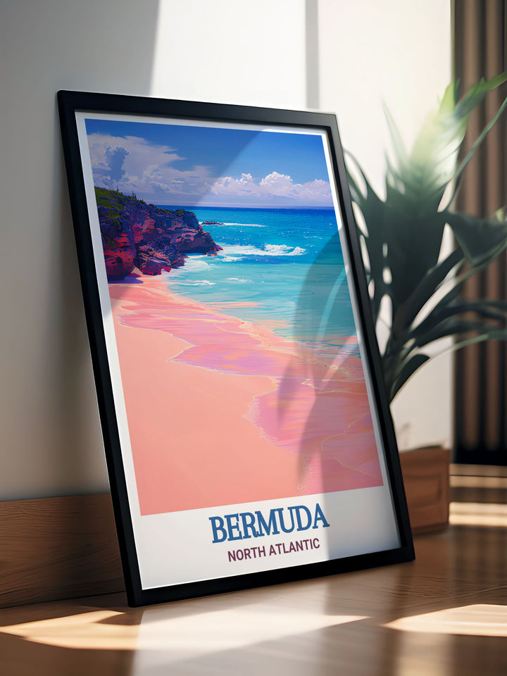 Elegant Horseshoe Bay Beach Modern Art capturing the serene beauty of Bermudas coastline perfect for stylish living room decor and adding a splash of Caribbean allure