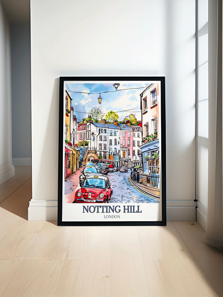 This Notting Hill Art Print captures the vibrant streets of Londons famous neighborhood. With highlights of Portobello Road and Talbot Road, this artwork is ideal for adding Londons eclectic beauty to any home or office. Perfect as a gift for travel enthusiasts.