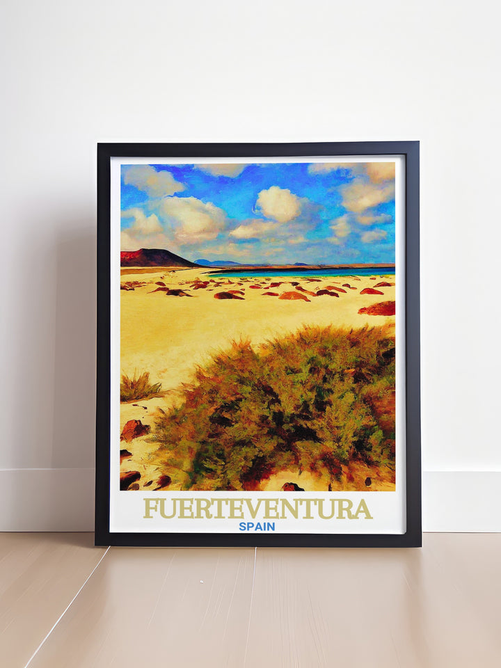 Corralejo Natural Park, Fuerteventura, comes to life in this stunning travel poster. A beautiful addition to any room, this artwork highlights the unique landscapes of the Canary Islands, making it a great gift for nature enthusiasts.