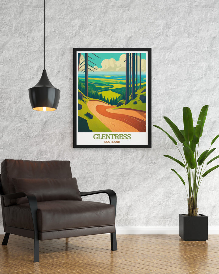 Glentress Mountain Bike Trails artwork featuring vibrant colors and dynamic scenes of mountain biking through the famous 7stanes trails a stunning piece of wall art for anyone who enjoys the thrill of cycling and exploring Scotlands iconic landscapes