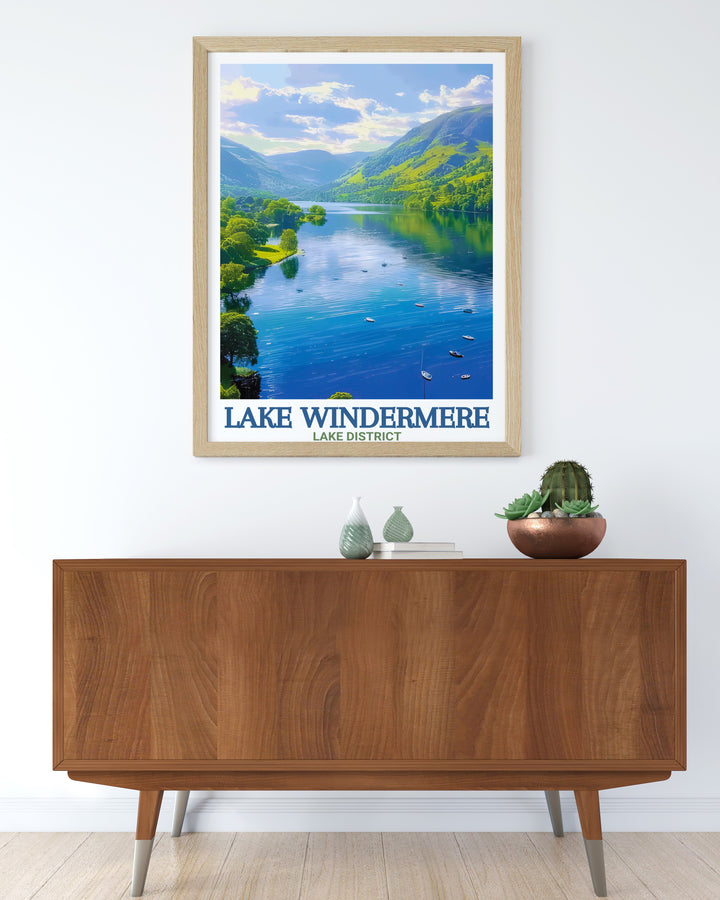 The Lake Windermere Poster highlights the serene waters of the Lake District, framed by Cumbrias lush hills. This artwork is perfect for nature lovers who want to bring a piece of Englands most beautiful landscapes into their home, offering a calming and timeless addition to any wall.