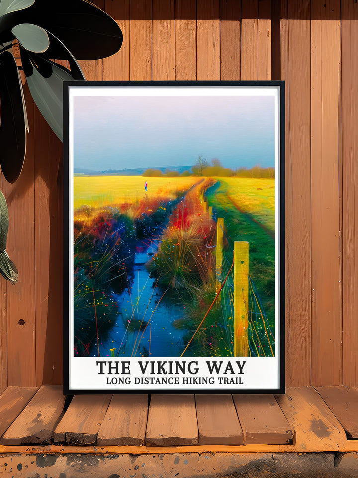 South of Tealby poster from The Viking Way Long Distance Hiking Trail. This travel print offers a captivating view of the trail, known for its scenic beauty and historical significance. The vibrant colors and detailed illustration make it a standout piece for any art collection.