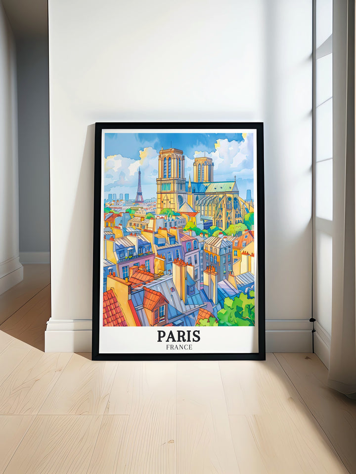 Vibrant Paris Wall Art print featuring the Eiffel Tower and Notre Dame Cathedral perfect for home decor and gifts to friends. This colorful photography poster adds a modern touch to any living room decor.