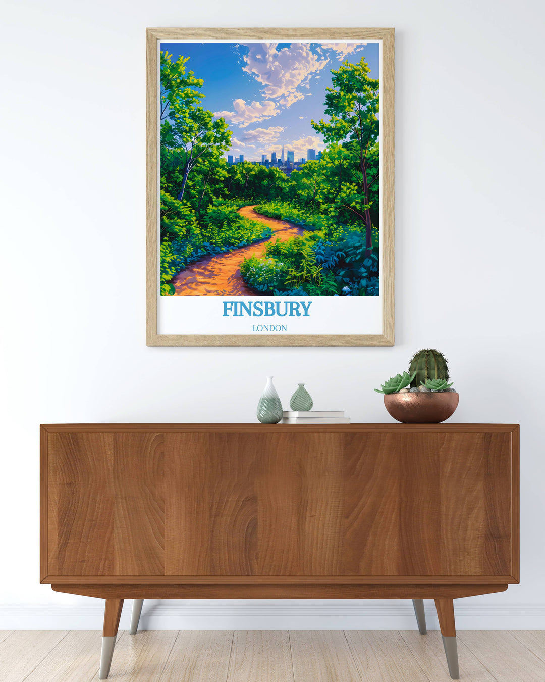 Add a touch of classic elegance to your decor with this retro travel poster of Finsbury Park. This framed print captures the essence of the park, offering a sophisticated and nostalgic addition to your home or office.