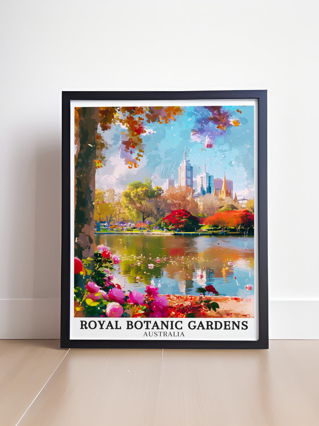 Transform your living room with this Melbourne Skyline Ornamental Lake artwork a beautiful piece of Botanic Garden Decor that showcases the serene beauty of the Royal Botanic Gardens in vibrant colors and intricate detail perfect for any space