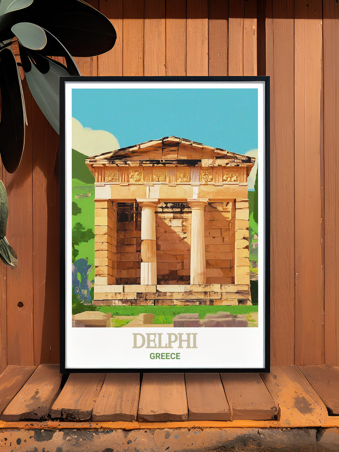 Greece wall art featuring the ancient ruins of Delphi, with the Athenian Treasury standing as a symbol of the citys devotion to the gods. This travel print is a beautiful representation of Greeces rich heritage, making it a perfect addition to any collection of classical art.