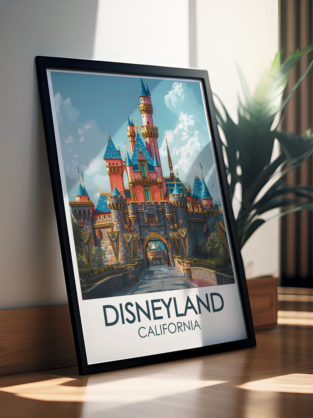 The iconic Disneyland Resort Anaheim is beautifully depicted in this travel poster, showcasing the thrilling rides and beloved characters that make this destination a dream come true for visitors of all ages. Bring the magic of Disneyland into your living space with this stunning artwork.
