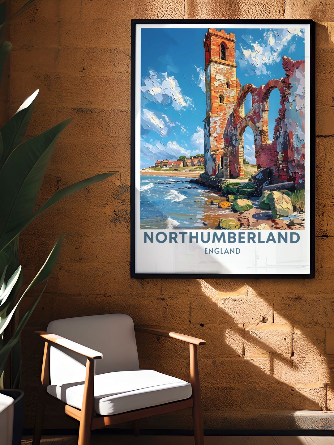 Northumberland print featuring the picturesque village of Seahouses and the serene Holy Island. This seaside travel print is perfect for those who love coastal landscapes and vintage travel art.