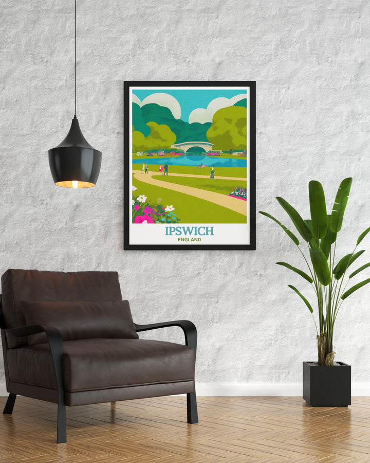 Celebrate the charm of Ipswich with Holywells Park artwork. This stunning print is perfect for adding a touch of England travel art to your home decor making it an ideal Ipswich wall print for anyone who loves nature and historical places.