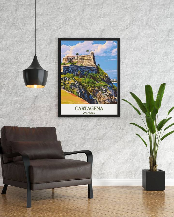 This detailed travel poster captures the majesty of Castillo de San Felipe de Barajas in Cartagena, Colombia, highlighting its impressive architecture and strategic location, making it a perfect addition to any home decor. Ideal for history enthusiasts and architecture lovers.