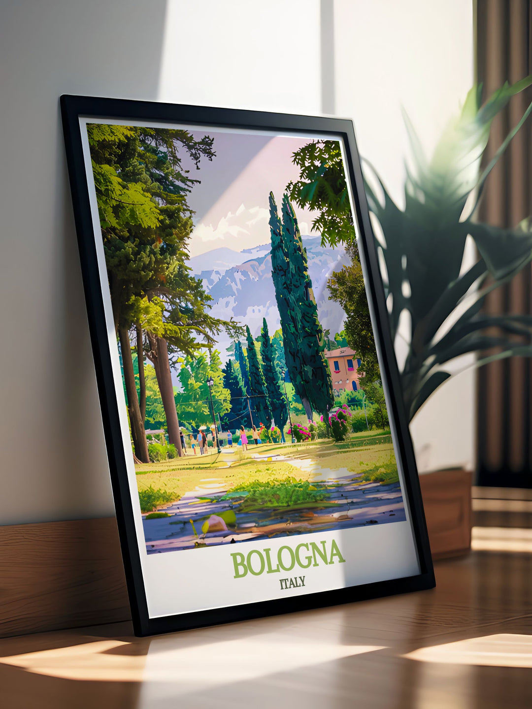Unique artwork of Bologna featuring its iconic streets and the serene landscapes of Giardini Margherita, perfect for personalized gifts or home decor. This print captures the essence of Italys cultural heart.