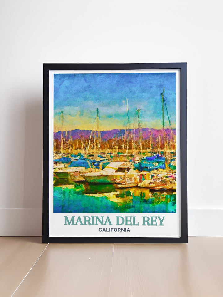 Vibrant Marina del Rey art print with a detailed street map design. Featuring Marina del Rey Harbor this wall art offers a beautiful blend of city and harbor views making it a perfect addition to any modern living room bedroom or office decor.