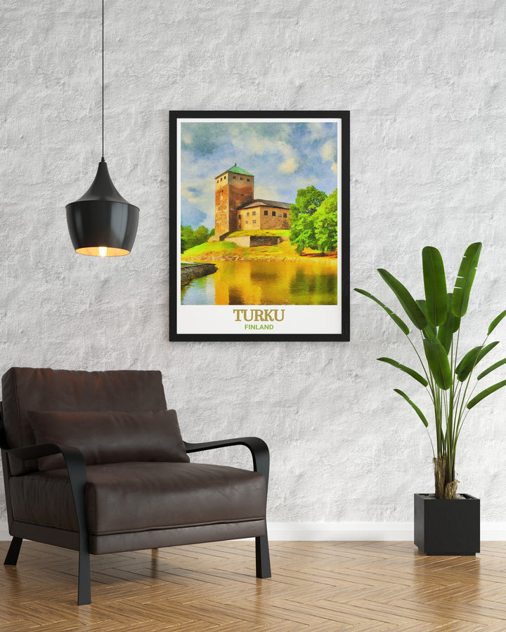 This Turku Castle poster captures the essence of Finlands medieval history. The detailed illustration of the castle makes it a perfect gift for art lovers and anyone who appreciates the unique beauty of historical landmarks.