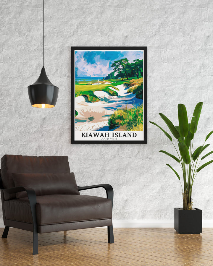 Vintage poster of the Atlantic Ocean and Kiawah Island capturing the timeless beauty of this coastal golfing paradise an excellent choice for adding a touch of elegance to your home