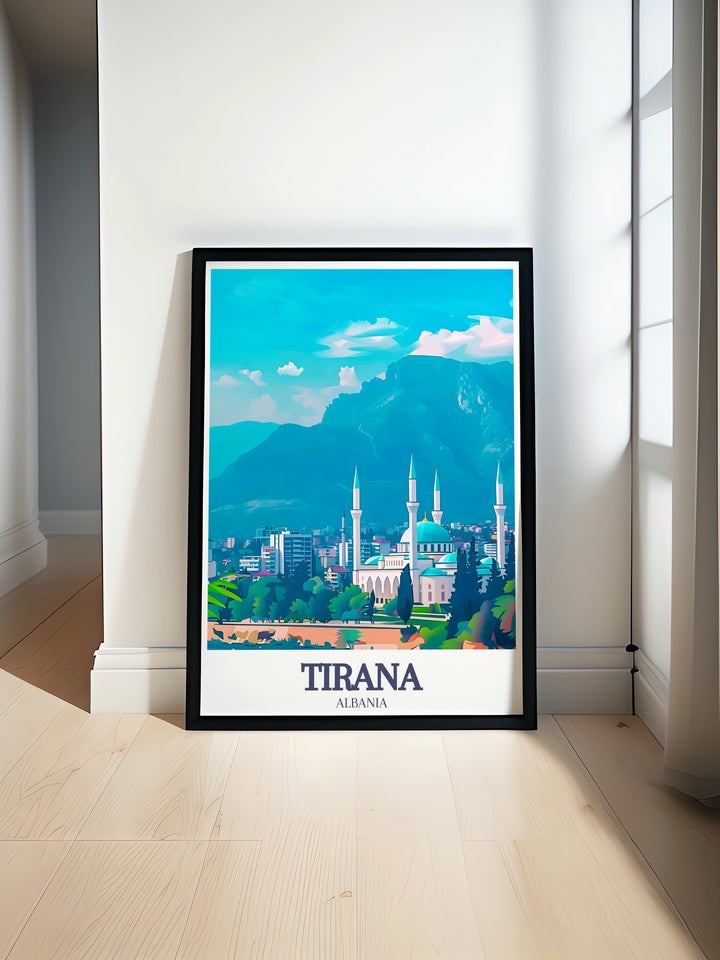 Albania Print featuring Namazgah Mosque Balkan Area showcasing the beauty of Tirana in vibrant colors and intricate details perfect for enhancing your home decor with a vintage touch and modern aesthetic ideal for living rooms bedrooms and offices