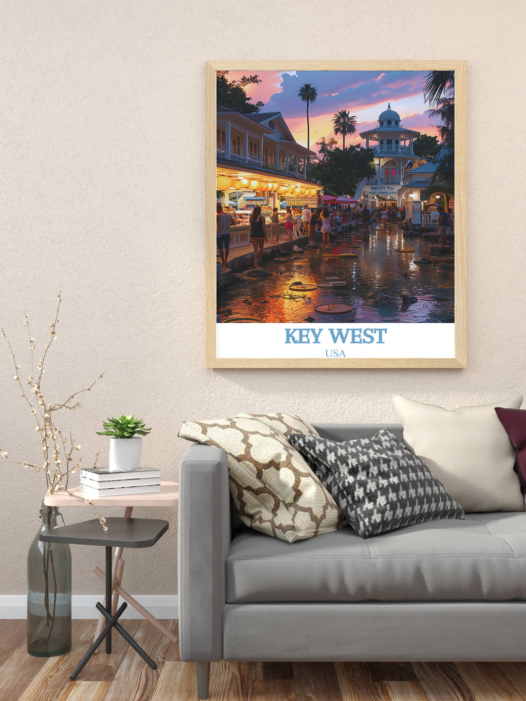 Unique Florida Travel Gift featuring a detailed print of Mallory Square perfect for sharing the beauty and cultural richness of Key West with loved ones.