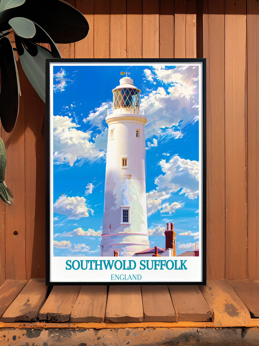 Embrace the historical significance and coastal beauty of Southwold with this travel poster, depicting the lighthouse and the quaint town.