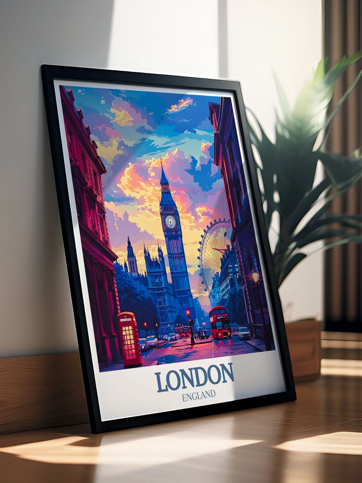 Big Ben and London Eye modern decor art featuring intricate details of Londons iconic landmarks. This artwork serves as an elegant addition to your home with its stunning and sophisticated representation of Londons architecture.