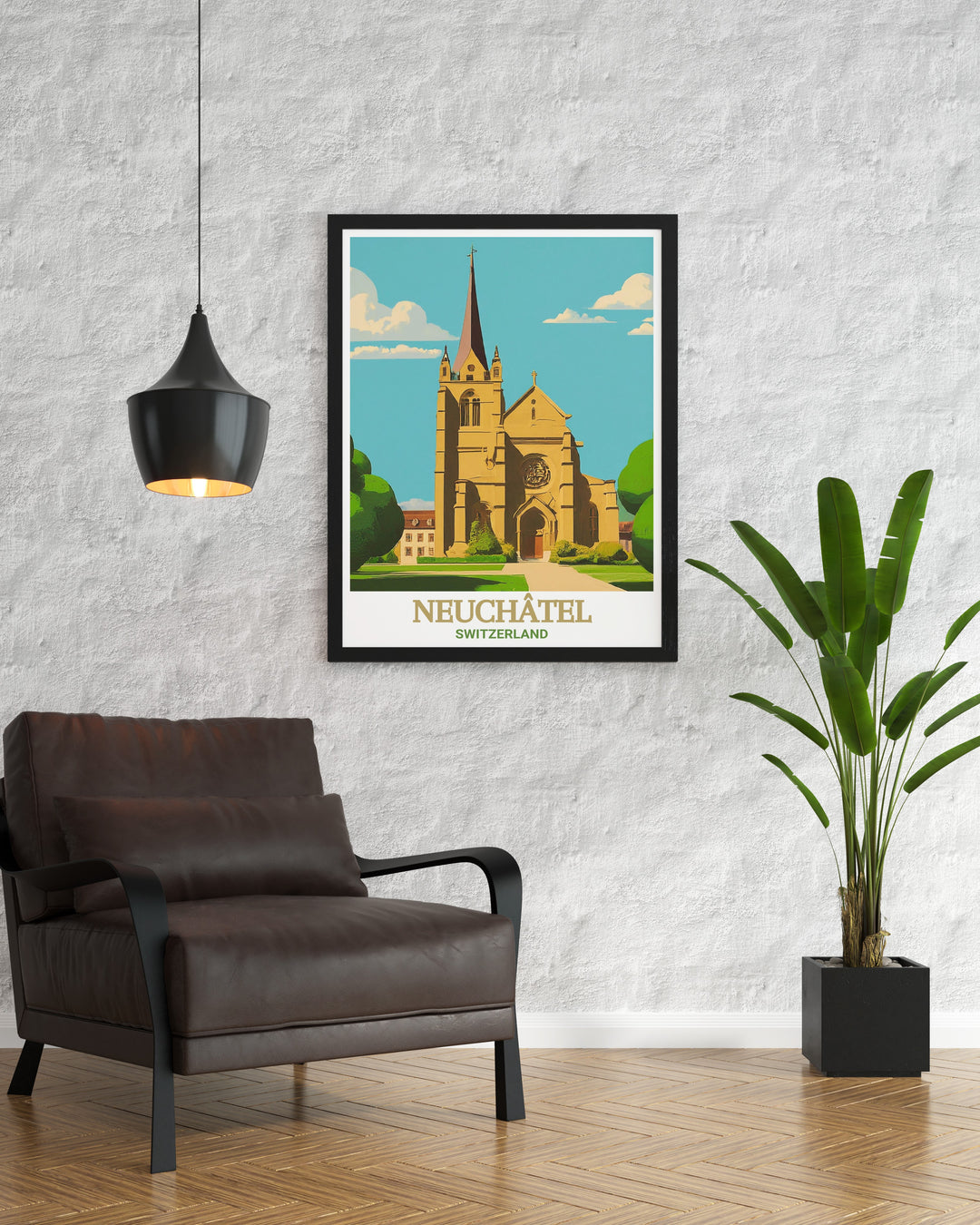 France travel art showcasing Lake Neuchatel and La Collegiale Church. This elegant wall hanging offers a sophisticated touch to any room, perfect for lovers of French architecture and serene landscapes. Add this timeless piece to your collection today.