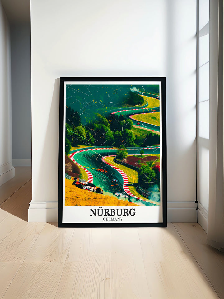 This Nürburg travel print brings the excitement of the Nordschleife right into your home, showcasing the famous Green Hell” and its historical significance in Formula 1 and endurance racing. The vibrant art is a must have for fans of Nürburgs motorsport heritage.