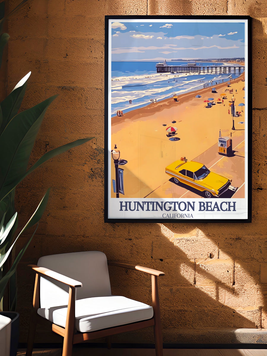 A vivid California travel poster featuring Huntington State Beach Park and the sweeping views of the Pacific Ocean. Ideal for coastal lovers, this wall art brings the spirit of California right into your space.